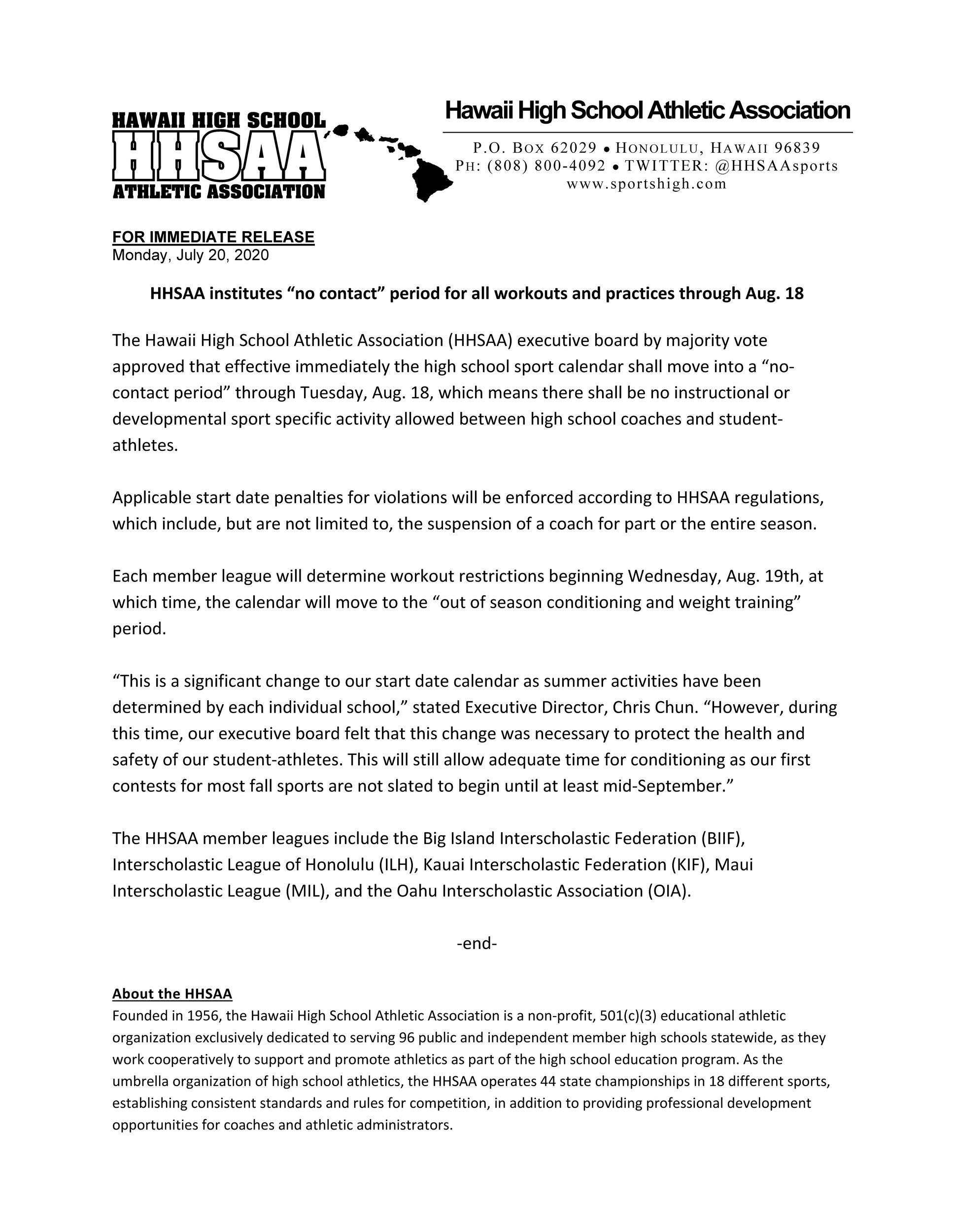 2020-07-20-press-release-hhsaa-institutes-no-contact-dead-period